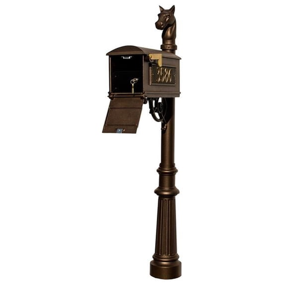Lewiston LMC-LKIT-801-BZ Mailbox Locking Insert Post System with Fluted Base, Horsehead Finial & 3 Cast Plates - Bronze