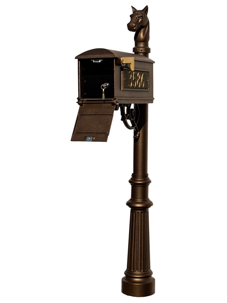 Lewiston Bronze Post Mount Locking Insert Mailbox with decorative Ornate Base and Horsehead Finial Lewiston Bronze Post Mount Locking Insert Mailbox with decorative Ornate Base and Horsehead Finial
