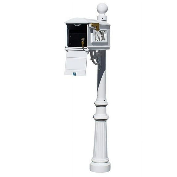 Lewiston LMC-LKIT-804-WHT Mailbox Locking Insert Post System with Fluted Base, Ball Finial & 3 Cast Plates - White