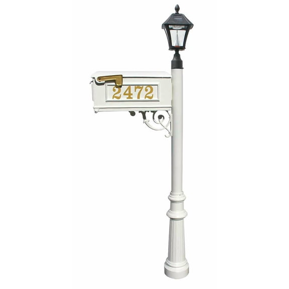 Mailbox, Post in white color, w/ Vinyl numbers on mailbox, white support brace, white ornate base, and black Bayview solar lamp