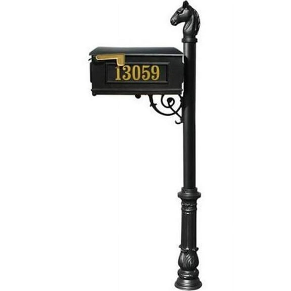 Lewiston Equine Mailbox Post System with decorative ornate base, horsehead finial and Gold Vinyl personalized numbers, Black