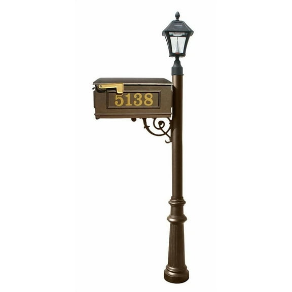Mailbox, Post in bronze color, w/ Vinyl numbers on mailbox, bronze support brace, bronze fluted base, and black Bayview solar lamp
