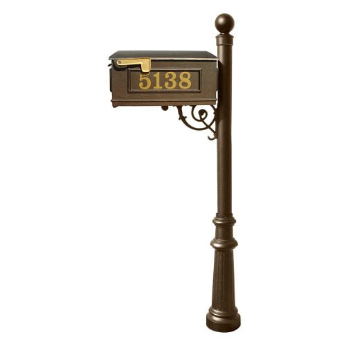 Lewiston Equine Mailbox Post System with decorative fluted base, ball finial and Gold Vinyl personalized numbers, Bronze