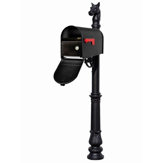 Lewiston Equine post system with E1 Economy mailbox and E1 Locking Insert, mounting plate, ornate base and horsehead finial , White - LPST-E1-LKIT-701-BLK