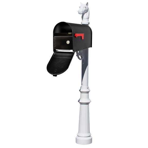 Lewiston Equine post system with E1 Economy mailbox and E1 Locking Insert, mounting plate, fluted base and horsehead finial , White
