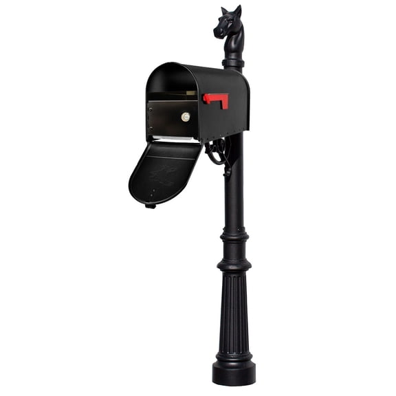 Lewiston Equine post system with E1 Economy mailbox and E1 Locking Insert, mounting plate, fluted base and horsehead finial , Black