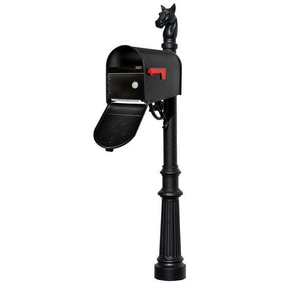 Lewiston Equine post system with E1 Economy mailbox and E1 Locking Insert, mounting plate, fluted base and horsehead finial , Black