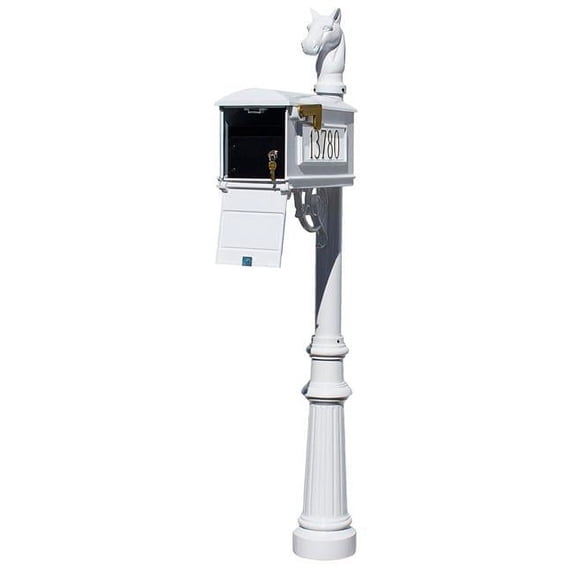 Lewiston LMC-LKIT-801-WHT Mailbox Locking Insert Post System with Fluted Base, Horsehead Finial & 3 Cast Plates - White