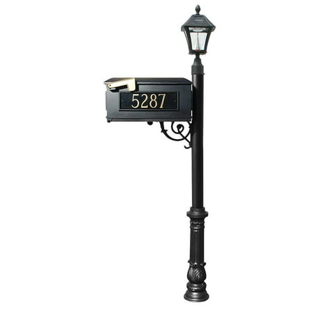 Lewiston Mailbox post system with Bayview Solar Lamp, 3 cast aluminum personalized address plates and decorative ornate base