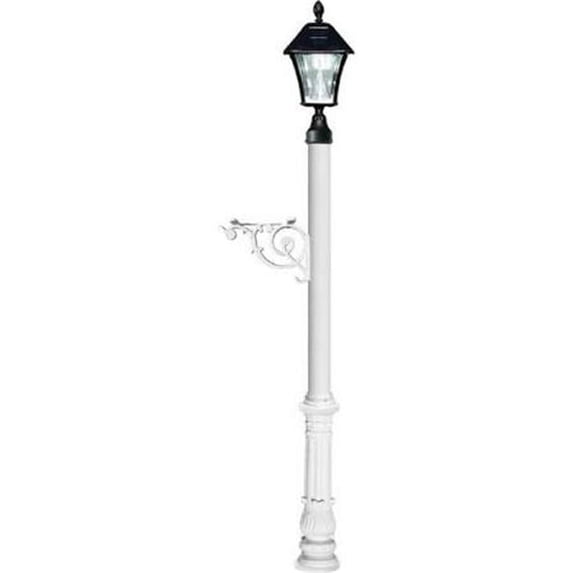 Lewiston LMC-700-SL-WHT Mailbox Post System with Ornate Base & Bayview Solar Lamp & 3 Cast Plates, White