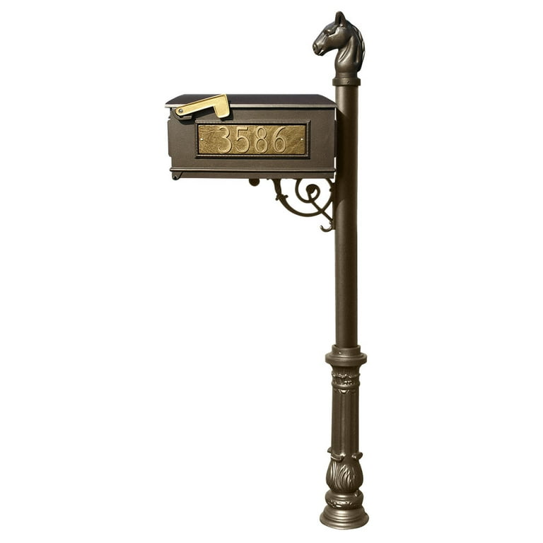 Lewiston Bronze Post Mount Locking Insert Mailbox with decorative Ornate Base and Horsehead Finial Lewiston Bronze Post Mount Locking Insert Mailbox with decorative Ornate Base and Horsehead Finial