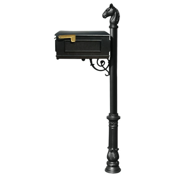 Lewiston Equine Mailbox post system with ornate base and horsehead finial (no address plates or numbers), Black
