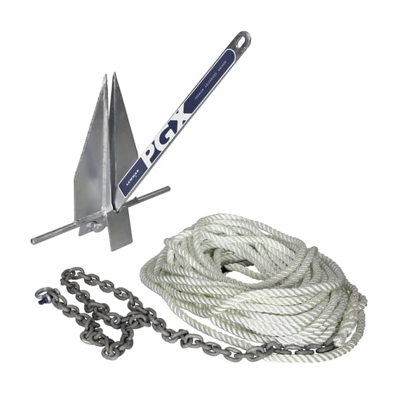 Lewmar PGX Galvanized Fluke Anchor Kit 8 lbs., for Boats up to 24', Includes Anchor, 5' of 1/4" G4 Chain, 125' of 1/2" 3-Strand rode - 2020222277