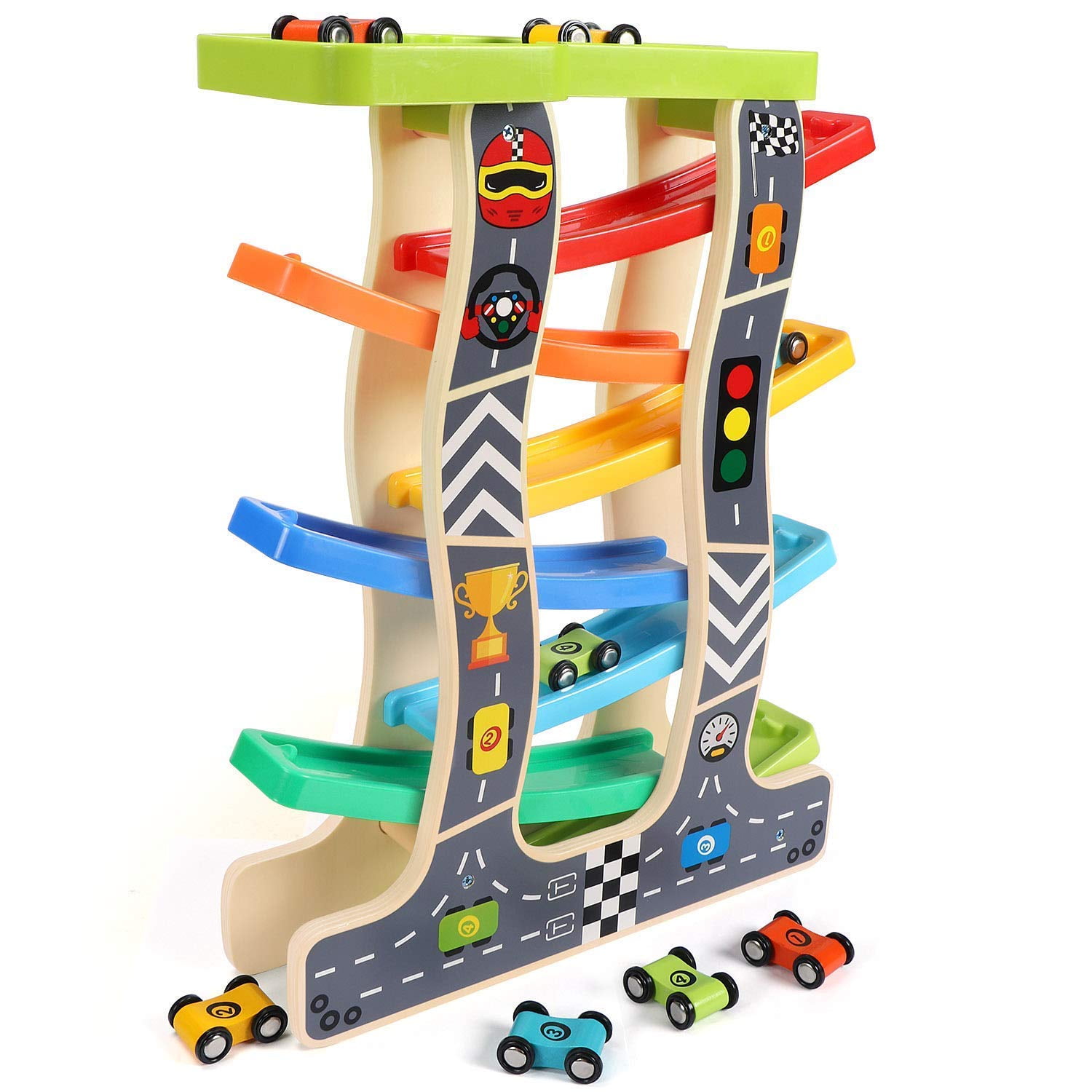 Lewo Toddler Toys Wooden Ramp Racer for Girls Boys Wood Race Track with ...