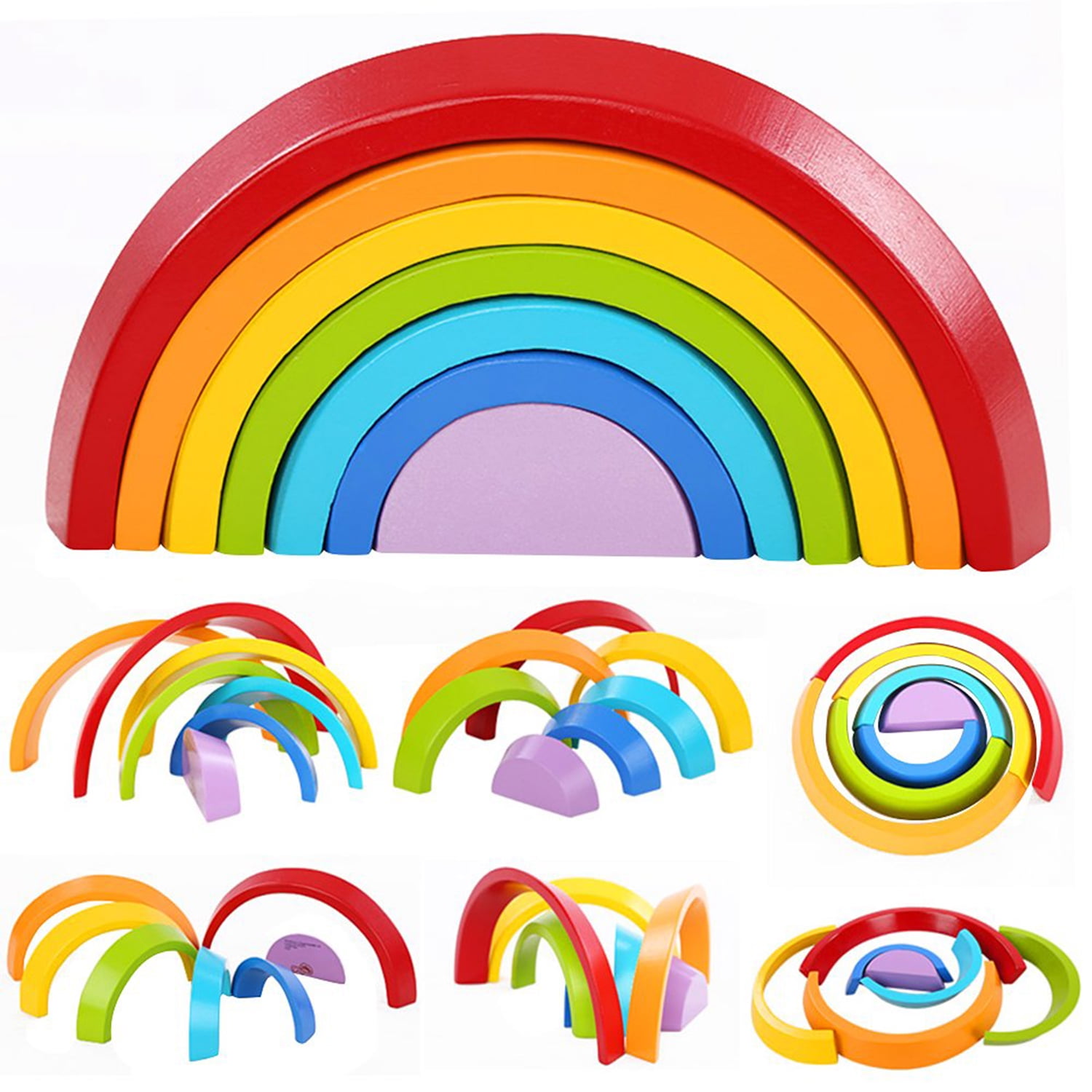 Lewo Wooden Rainbow Stacker - 7 Pieces Geometry Building Blocks Wooden Building Block Set Stacking Game Nesting Puzzle Learning & Educational Toys for Kids Baby Toddlers