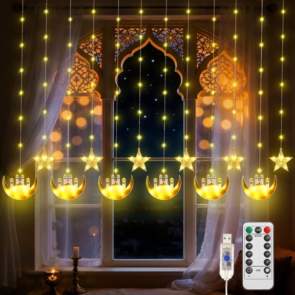 Lewondr 138 LED Ramadan Curtain String Lights, Moon Castle Star Fairy Lights with 6H Timer 8 Modes, USB Powered Curtain String Light, Eid Mubarak Decorations for Ramadan Home, Yellow
