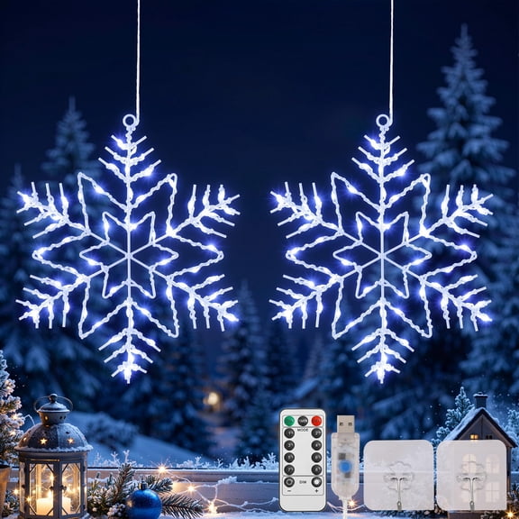 Lewondr 2 Pack Christmas Snowflake Window Lights, 12" Iron Frame LED Hanging Lights with Remote Control & 8 Modes, USB Powered Xmas Silhouette Decoration for Home Bedroom, White Light