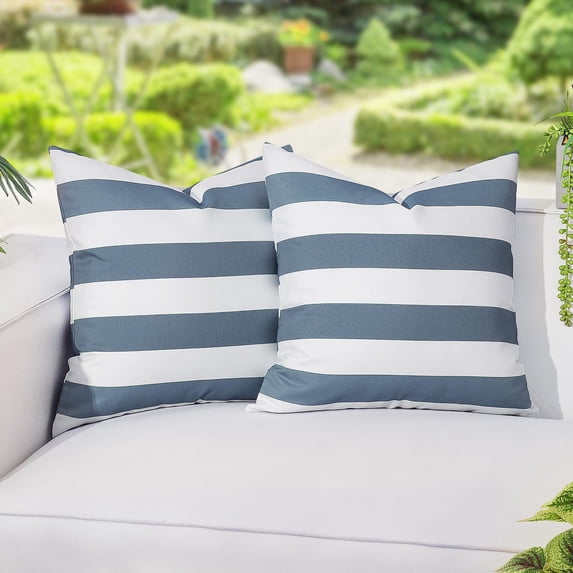 Lewondr 2 Pack Outdoor Throw Pillow Covers, Square Stripe Waterproof Throw Pillow Cases for Outdoor Patio Porch Farmhouse Garden Balcony Couch, 18"x18", Navy Blue + White