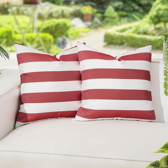 Lewondr 2 Pack Outdoor Throw Pillow Covers, Square Stripe Waterproof Throw Pillow Cases for Outdoor Patio Porch Farmhouse Garden Balcony Couch, 18"x18", Red + White