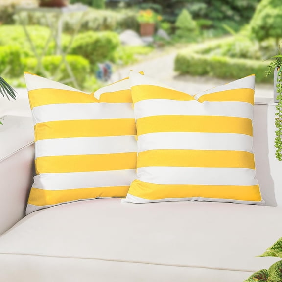 Lewondr 2 Pack Outdoor Throw Pillow Covers, Square Stripe Waterproof Throw Pillow Cases for Outdoor Patio Porch Farmhouse Garden Balcony Couch, 18"x18", Yellow   White
