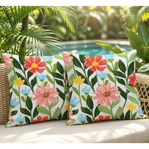 Lewondr 2 Pack Waterproof Outdoor Throw Pillow Cover, Floral Pillow Covers 18"×18" for Outdoor Patio Porch Farmhouse Garden Balcony Couch, Square Outside Waterproof Throw Pillow Cases