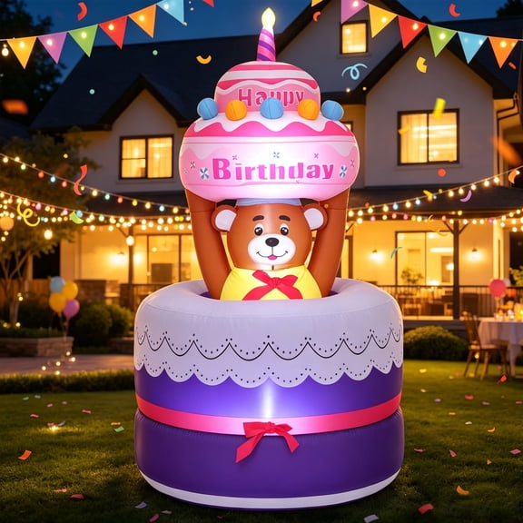 Lewondr 6FT Birthday Cake Inflatable Decorations, Automatic Lifting Bear, Waterproof Blow Up Happy Birthday Outdoor Decor with Candle 4 LED Lights for Birthday Party