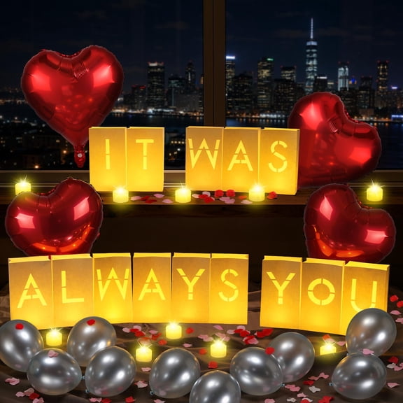 Lewondr It Was Always You Light Up Letters with 30pcs 6H Tea Lights Candles & Balloon & Rose Petals - Luminary Bags Engagement Party Decorations & Anniversary Decorations Ideal Gift for Men & Women