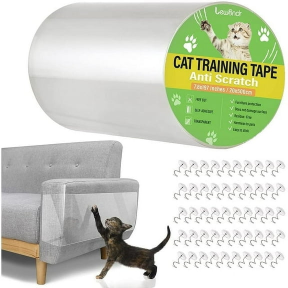 Lewondr Anti-Scratch Cat Scratching Deterrent Tape, 7.87x198 inches Transparent Clear Cat Scratch Furniture Protector, Single Side Cat Scratch Training Tape with 50 Pins for Couch,Carpet,Doors