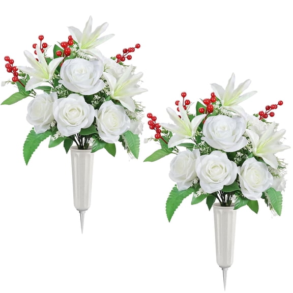 Lewondr Artificial Cemetery Flowers with Vase, 2 Sets Outdoor Grave Decorations UV Resistant Silk Rose Lily Bouquet Graveyard Memorial Flowers for Cemetery Headstones Decoration, White