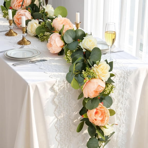 Lewondr 2Pcs Artificial Eucalyptus Garland with Flowers, 8 Roses, 8 Peony Faux Floral Greenery Garlands Fake Flowers Vines for Wedding Table Centerpieces Arch Party Ceremony Backdrop Decor, Champagne