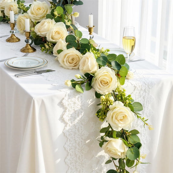 Lewondr Artificial Eucalyptus Garland with Flower, 2Pack 13FT Faux Floral Greenery Garlands Fake Flowers Vines, Maintenance-Free for Wedding Table Backdrop Party Centerpiece Room Decor, Champagne