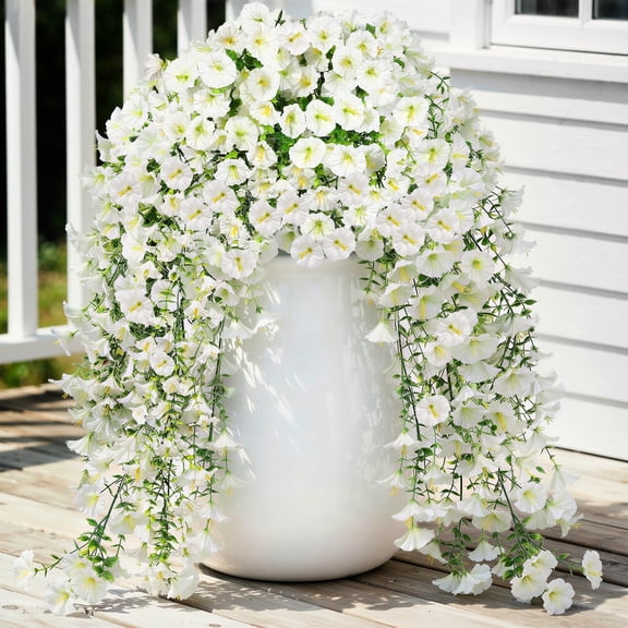 Lewondr Artificial Fake Hanging Flowers Plants for Outdoor Summer Decoration, 2 PCS Faux Silk White Morning Glories, 29.5'' UV Resistant Realistic for Outside Planter Porch Patio Balcony Decor