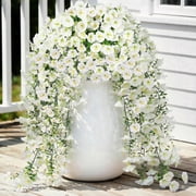 Lewondr Artificial Fake Hanging Flowers for Outdoor Decoration, 2 Pcs Faux Silk Morning Glories for Outside Indoor Porch Patio Yard, UV Resistant Hanging Fake Flowers, White