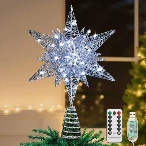 Lewondr Christmas Star Tree Topper with Timer Function,11 inch Multilayer Hexagonal Tree Toppers with 8 Light Modes for Home Holiday Xmas, USB Remote Controlled,Silver