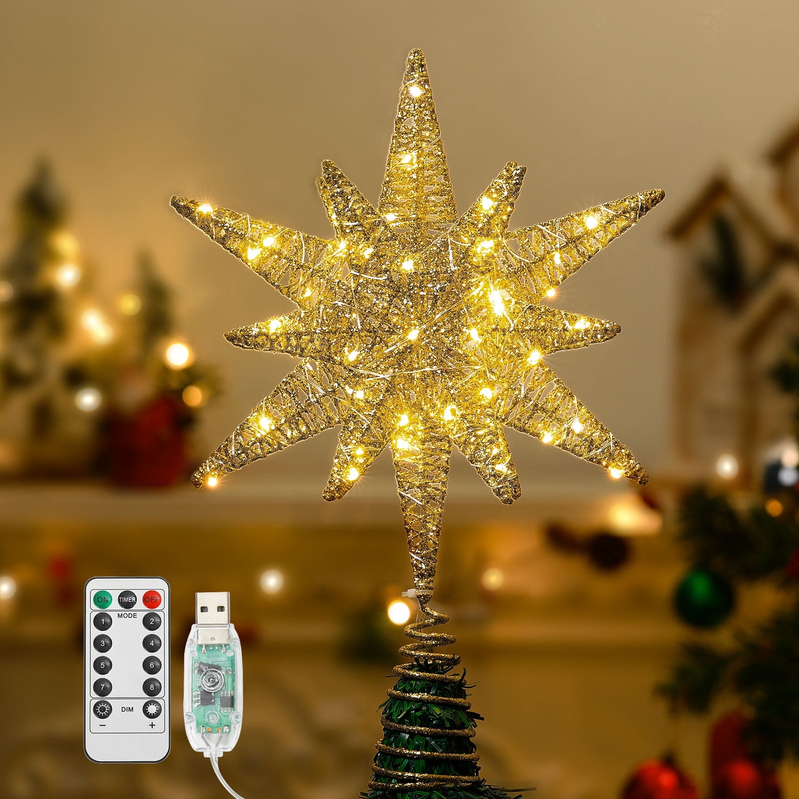 Lewondr Navidad Estrella Árbol Topper, 11'' USB, Multicapa 