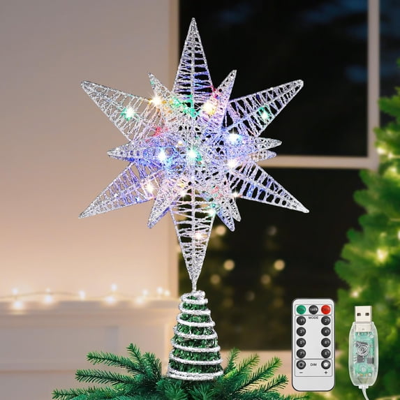 Lewondr Christmas Star Tree Topper with Timer Function,11 inch Multilayer Hexagonal Tree Toppers with 8 Light Modes for Home Holiday Xmas, USB Remote Controlled,Silver White