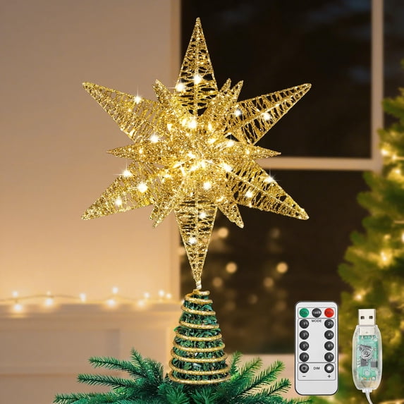Lewondr Christmas Star Tree Topper with Timer Function,11 inch Multilayer Hexagonal Tree Toppers with 8 Light Modes for Home Holiday Xmas, USB Remote Controlled,Gold