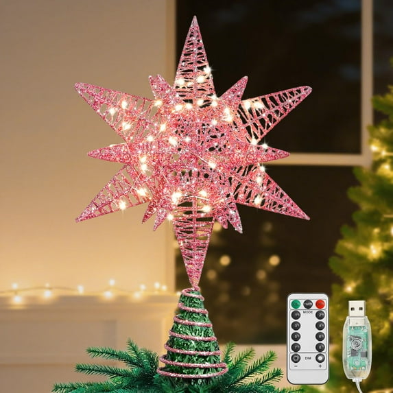 Lewondr Christmas Star Tree Topper with Timer Function,11 inch Multilayer Hexagonal Tree Toppers with 8 Light Modes for Home Holiday Xmas, USB Remote Controlled,Pink