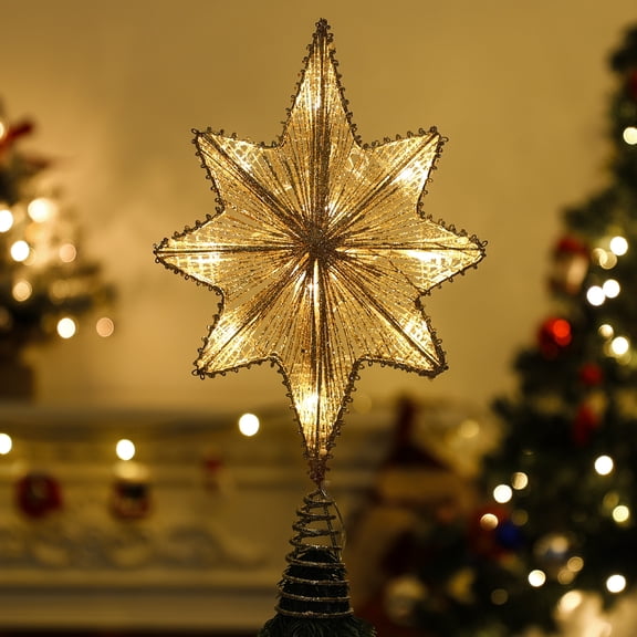 Lewondr Christmas Star Tree Topper,16.5 inch Battery Powered Bethlehem Star Tree Topper Light with Springy Base,Christmas Tree Topper for Holiday Home Xmas Decor, Champagne Gold
