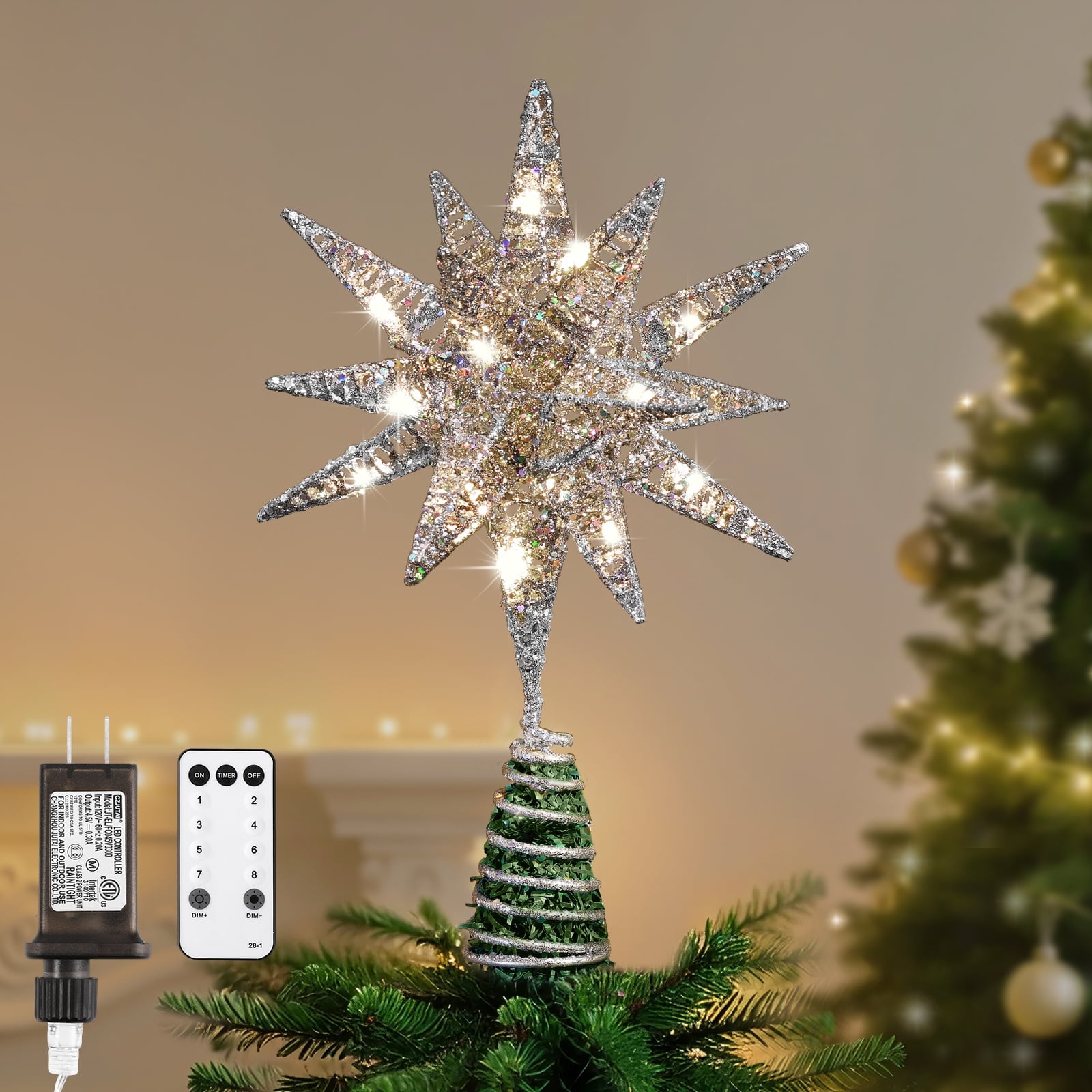 Lewondr 3D Geometric Star Christmas Tree Topper, LED Light, Timer, Plug ...