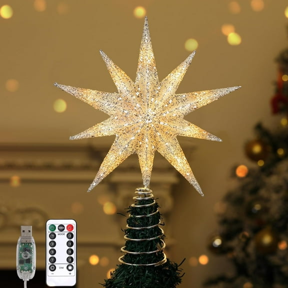 Lewondr Christmas Tree Topper Star with Remote Control,13inch Star Tree Topper with LED Light Beads, 10-Point Star Treetop for Home Xmas Decoration, 6H Timer 8 Lighting Modes, Silver