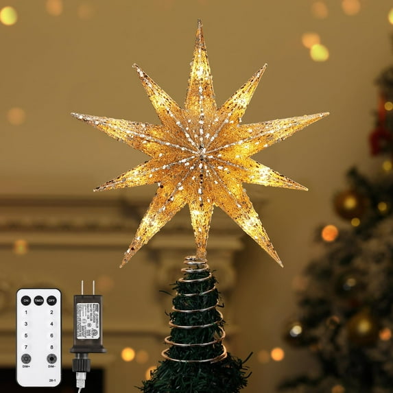 Lewondr Christmas Tree Topper Star with Remote Control,13inch Star Tree Topper with LED Light Beads, 10-Point Star Treetop for Home Xmas Decoration, 6H Timer 8 Lighting Modes, Champagne Gold