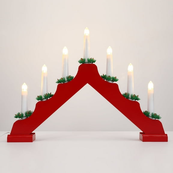 Lewondr Christmas Swedish Candelabra,Electric Candles with 7 Flameless Taper Candles,Wooden Candle Bridge Light with Pine Needles for Windows Wedding Xmas, Red