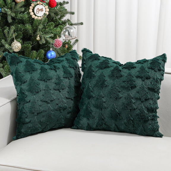 Lewondr Christmas Throw Pillow Cover 18x18,Set of 2 Soft Faux Fur Velvet 3D Christmas Tree Reindeer Embroidery Square Pillow Cover for Xmas Home Decor, Green
