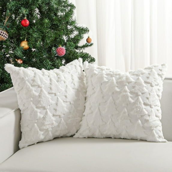 Lewondr Christmas Throw Pillow Cover 18x18, Set of 2 Soft Faux Fur Velvet Christmas Tree Embroidery Decorative Throw Pillow cover for Xmas Home Decor, White