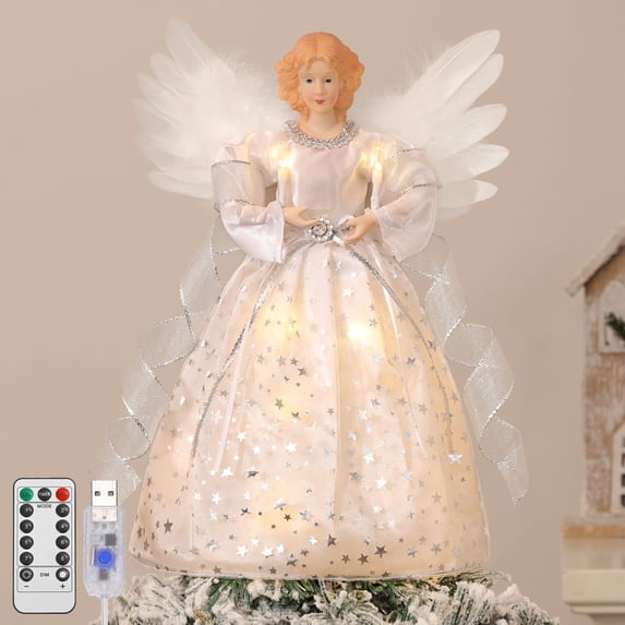 Lewondr Christmas Tree Topper Angel, 12" Light Up Angel Tree Topper with Wings, 8 Modes 6 Hrs Timer Christmas Treetop for Holiday Home Decor, Silver