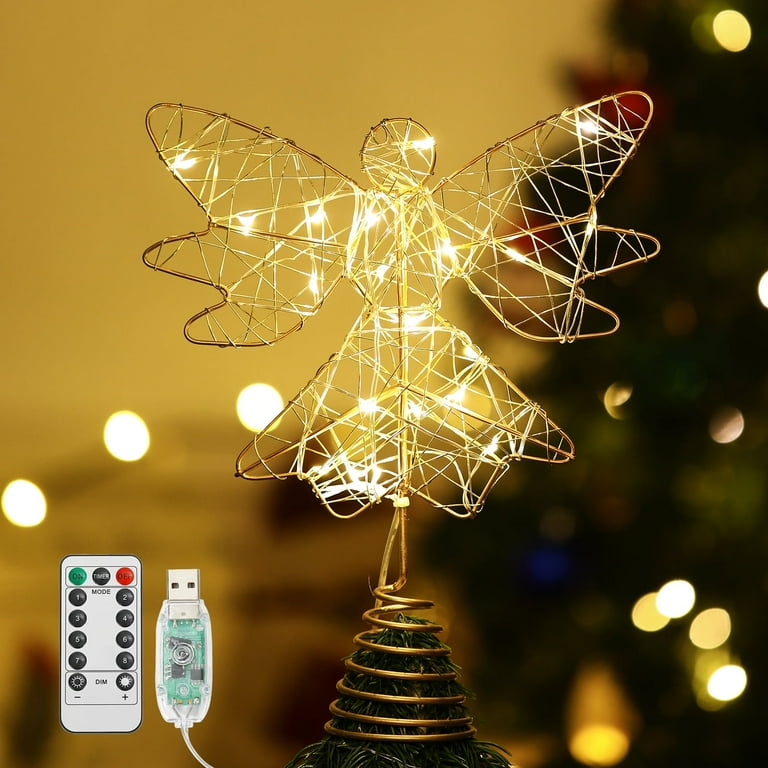 Lewondr 9.8 Inch Gold Angel Christmas Tree Topper, Glittering 