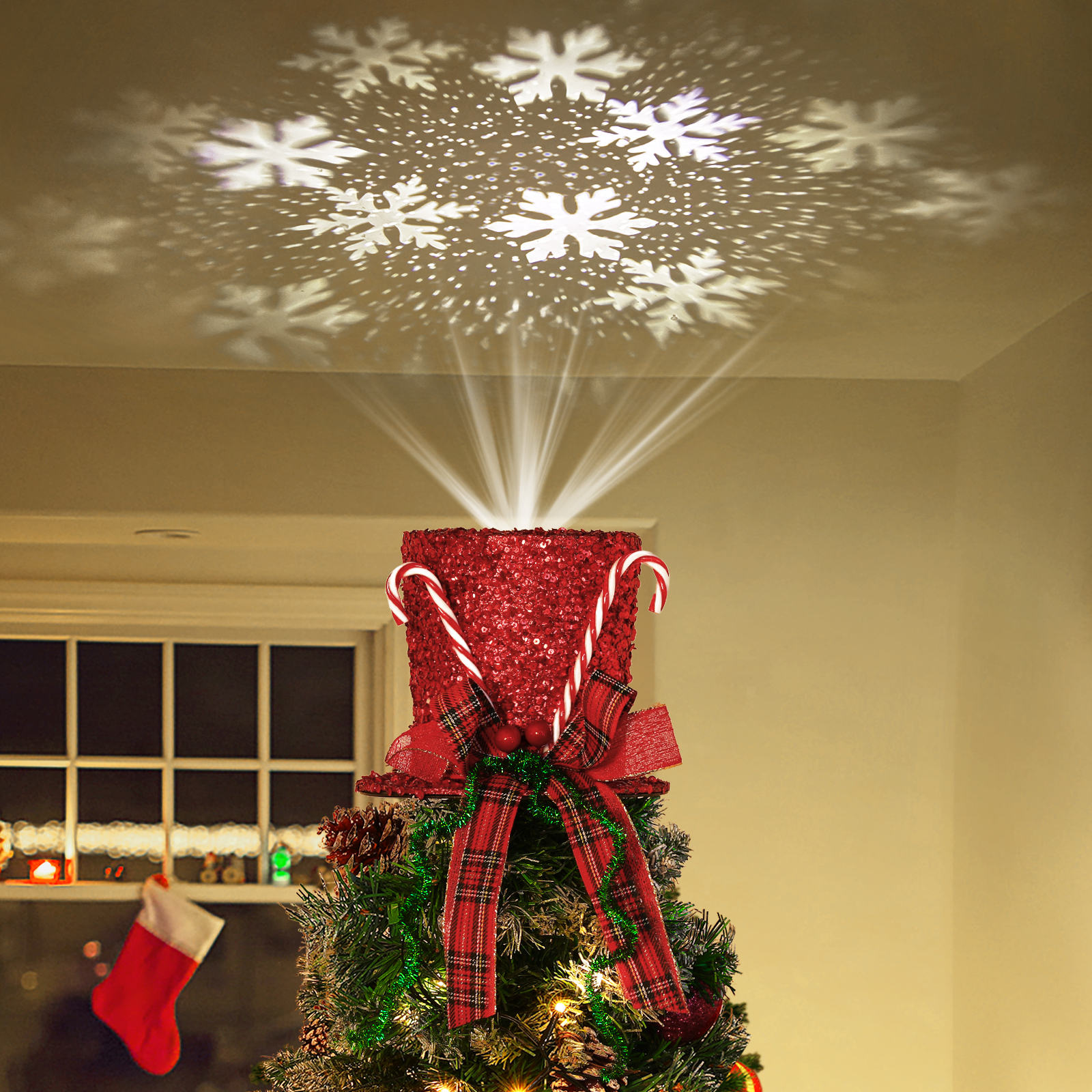 Lewondr Christmas Tree Topper Hat Projector, Christmas Hat Tree Topper