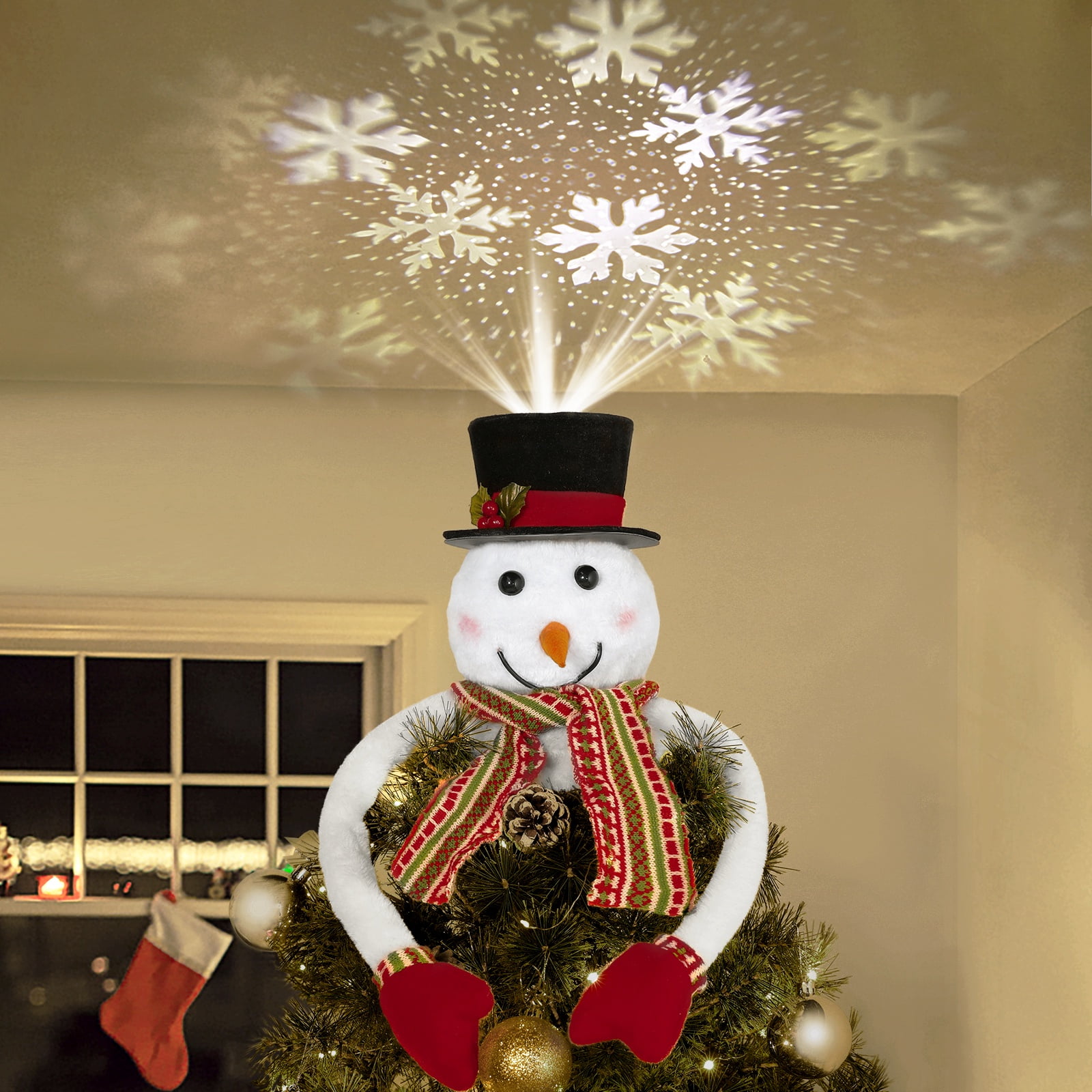 Lewondr Christmas Tree Topper Hat Projector, Snowman Hat Tree Topper ...