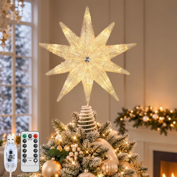 Lewondr Christmas Tree Topper, 7.5" 10-Point Snowflake Star Tree Topper with 16 LED Lights, USB Powered, Remote Control with 8 Light Modes & Auto Timer, Clear Crystal Xmas Tree Top Decoration